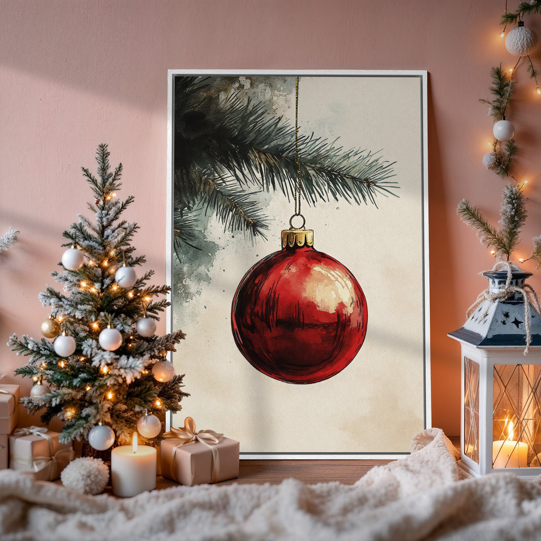 Framed Wall Art: Watercolor Christmas ornament in red, green & cream. Festive home decor, perfect for holiday season.