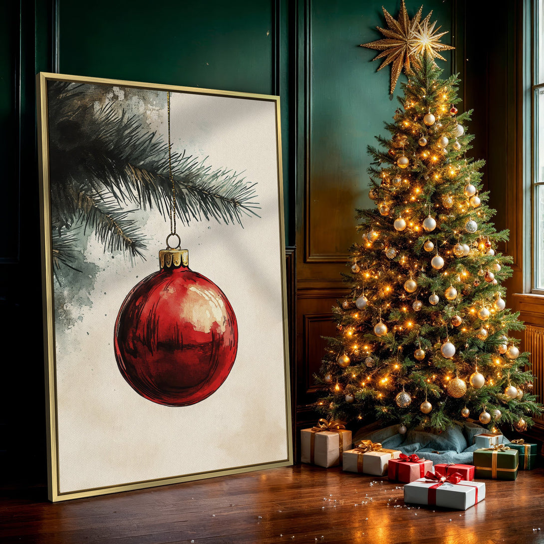 Canvas Print: Watercolor Christmas ornament art in red and green tones. Perfect holiday decor for a cozy, inviting space.