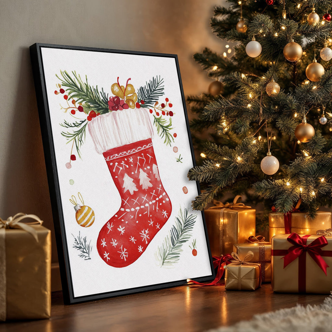 Framed Wall Art featuring a watercolor Christmas stocking in red and green, perfect for holiday decor. Adds festive charm to any space!