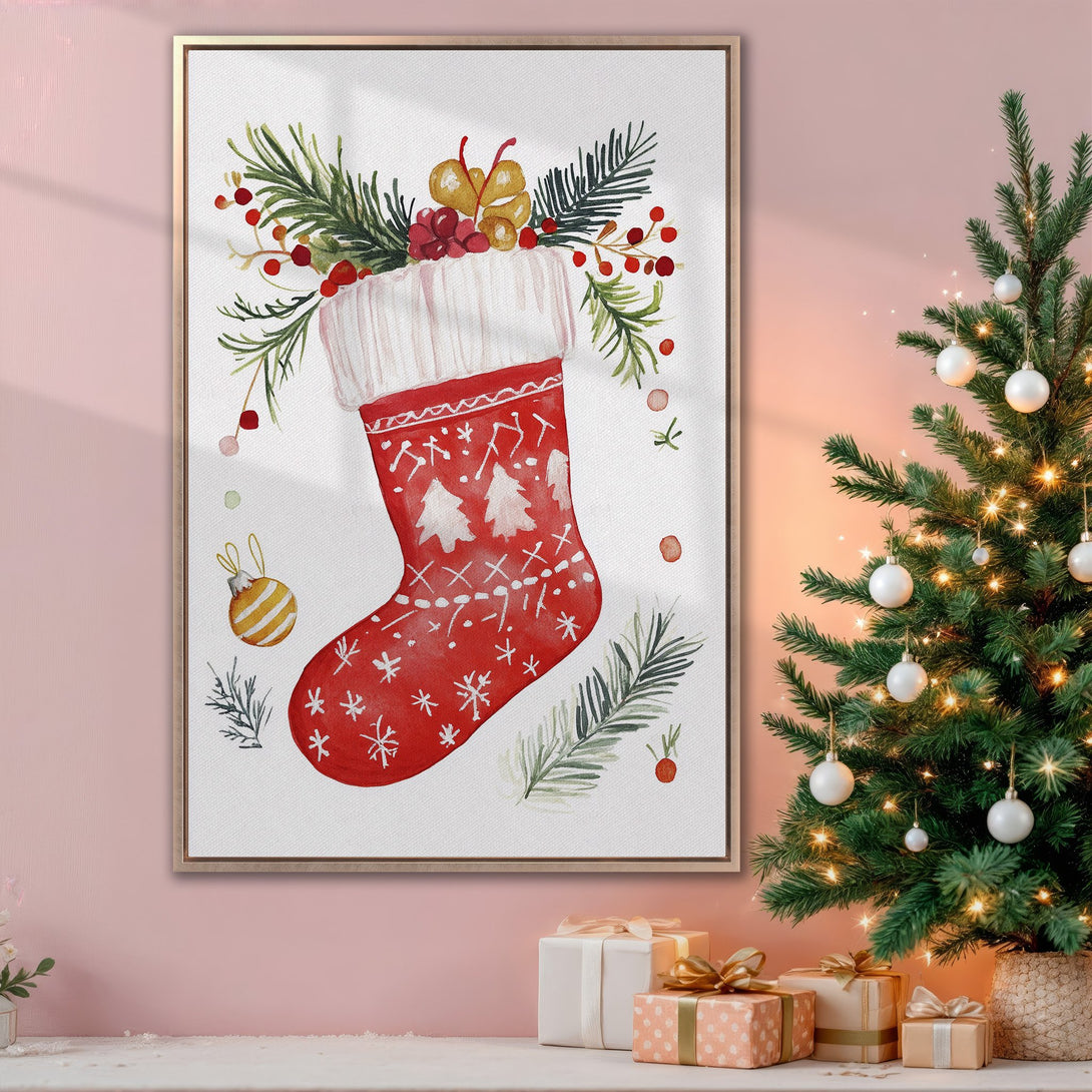 Framed Wall Art: Festive watercolor Christmas stocking print in red, green, and white. Perfect holiday decor for a cozy, seasonal interior.