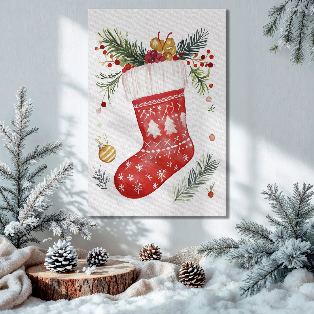 Framed Wall Art featuring a watercolor Christmas stocking in red and green, perfect holiday decor. Gold frame, warm color palette.