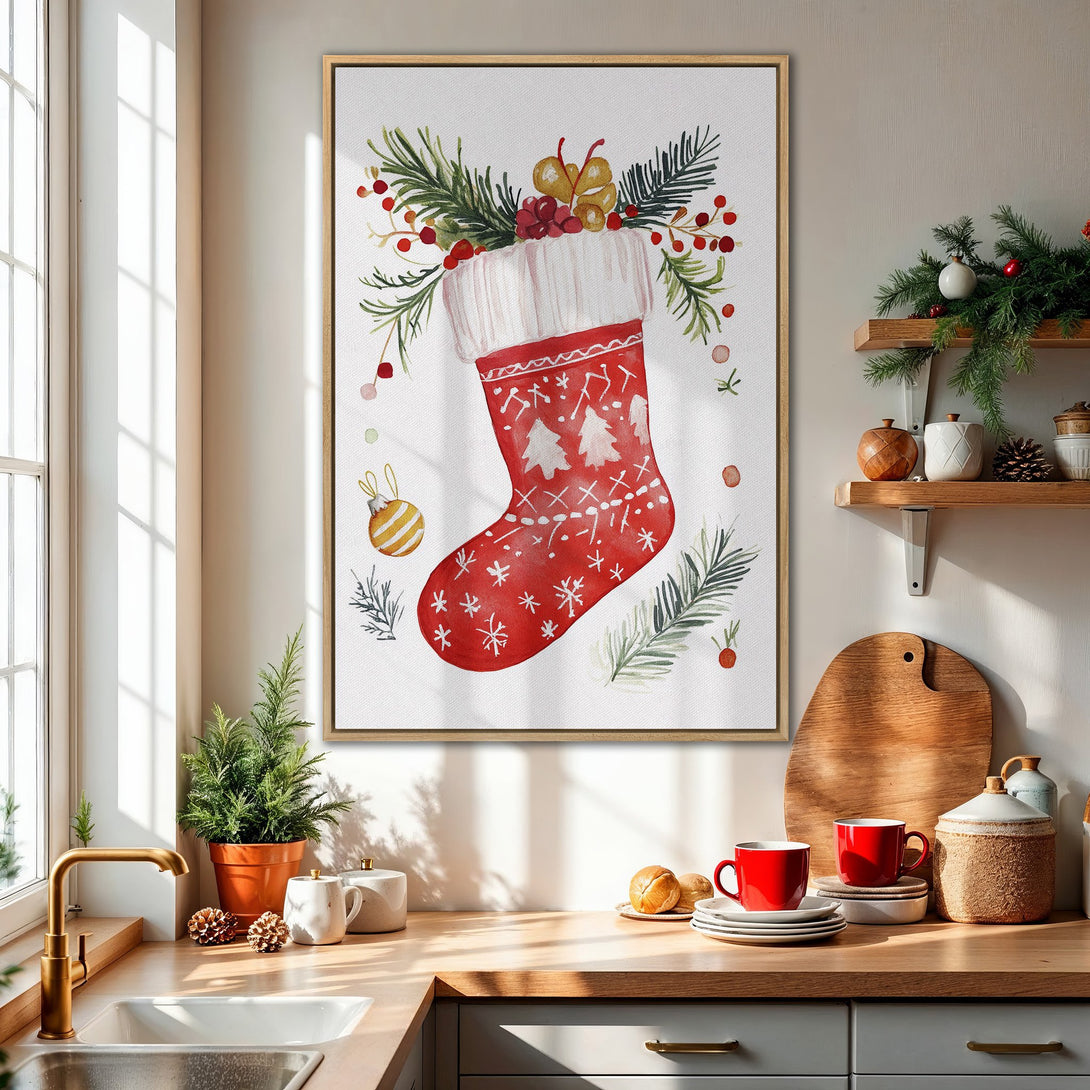 Framed Wall Art: Watercolor Christmas stocking print in a cozy kitchen. Red, green, and white color palette. Perfect holiday decor for your home.