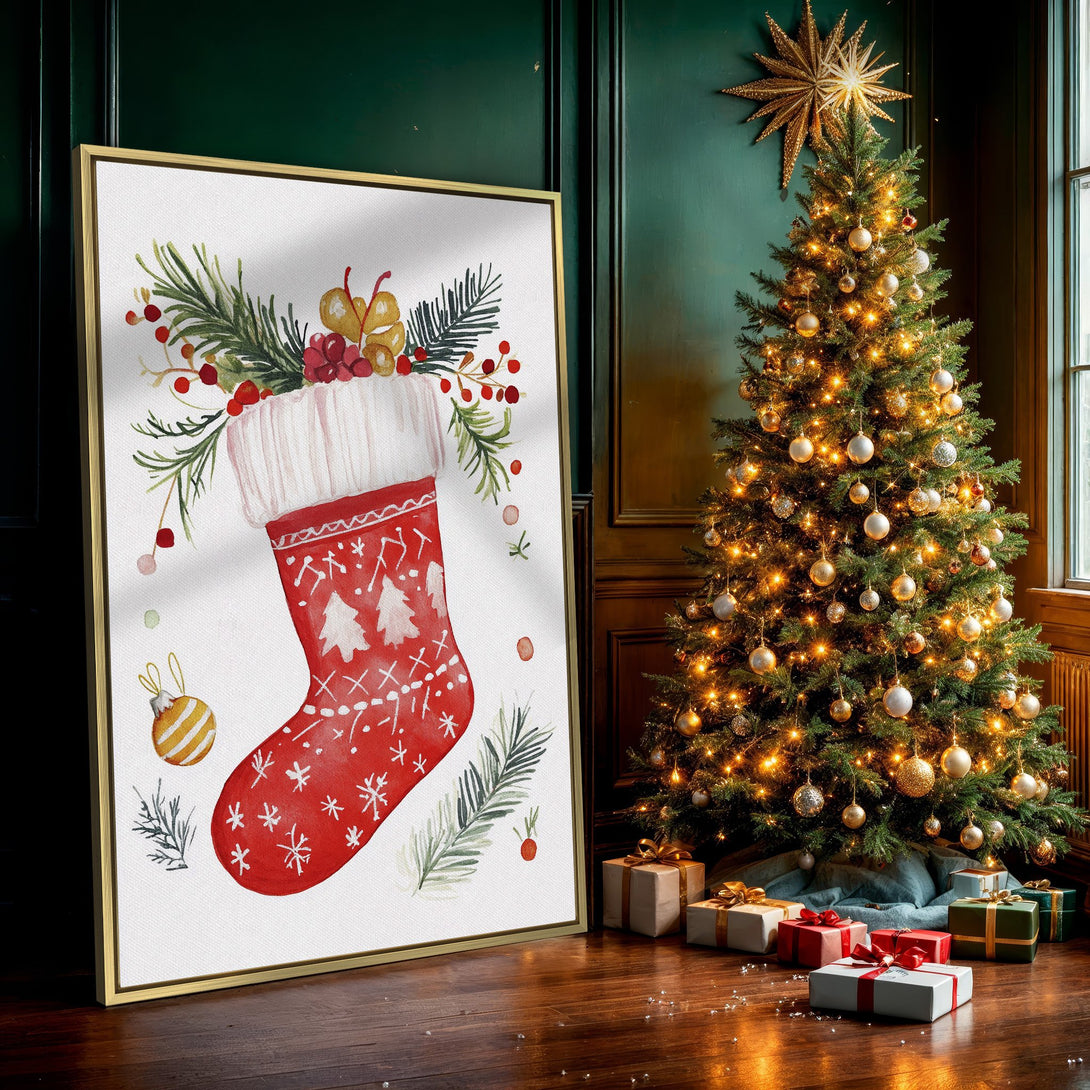 Canvas Print featuring a watercolor Christmas stocking. Festive red, green, and white color palette. Perfect holiday wall art to brighten your space!