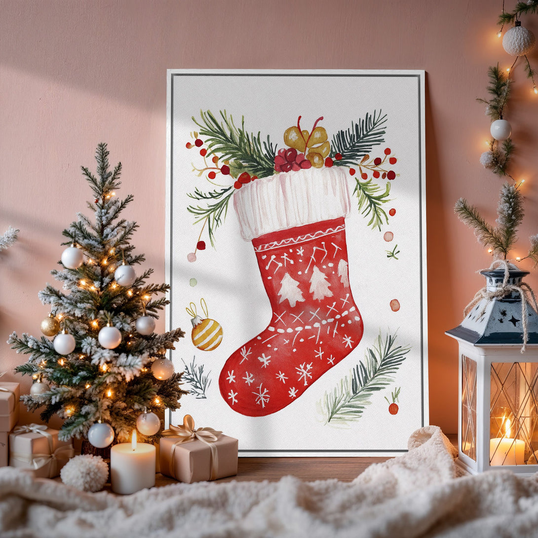 Framed Wall Art: Watercolor Christmas stocking print in red & green. Festive holiday decor for your home. Shop now!
