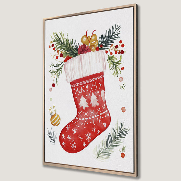 Framed Wall Art: Watercolor Christmas stocking print with festive greenery and red berries. Adds holiday cheer with a warm, inviting color palette. Perfect seasonal decor!