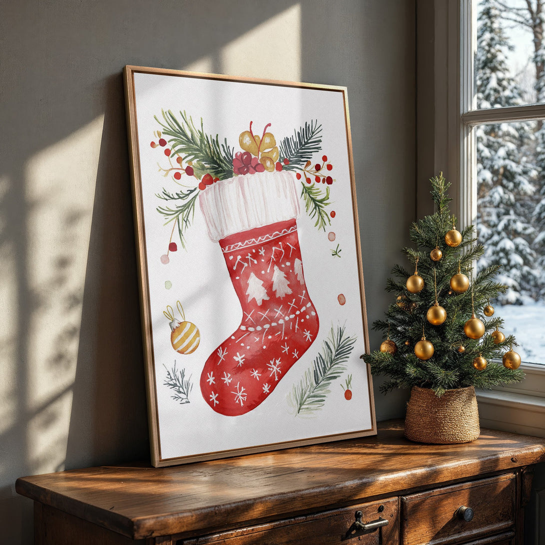 Framed Wall Art: Watercolor Christmas stocking print in red and green. Festive holiday decor for your home. Shop now!