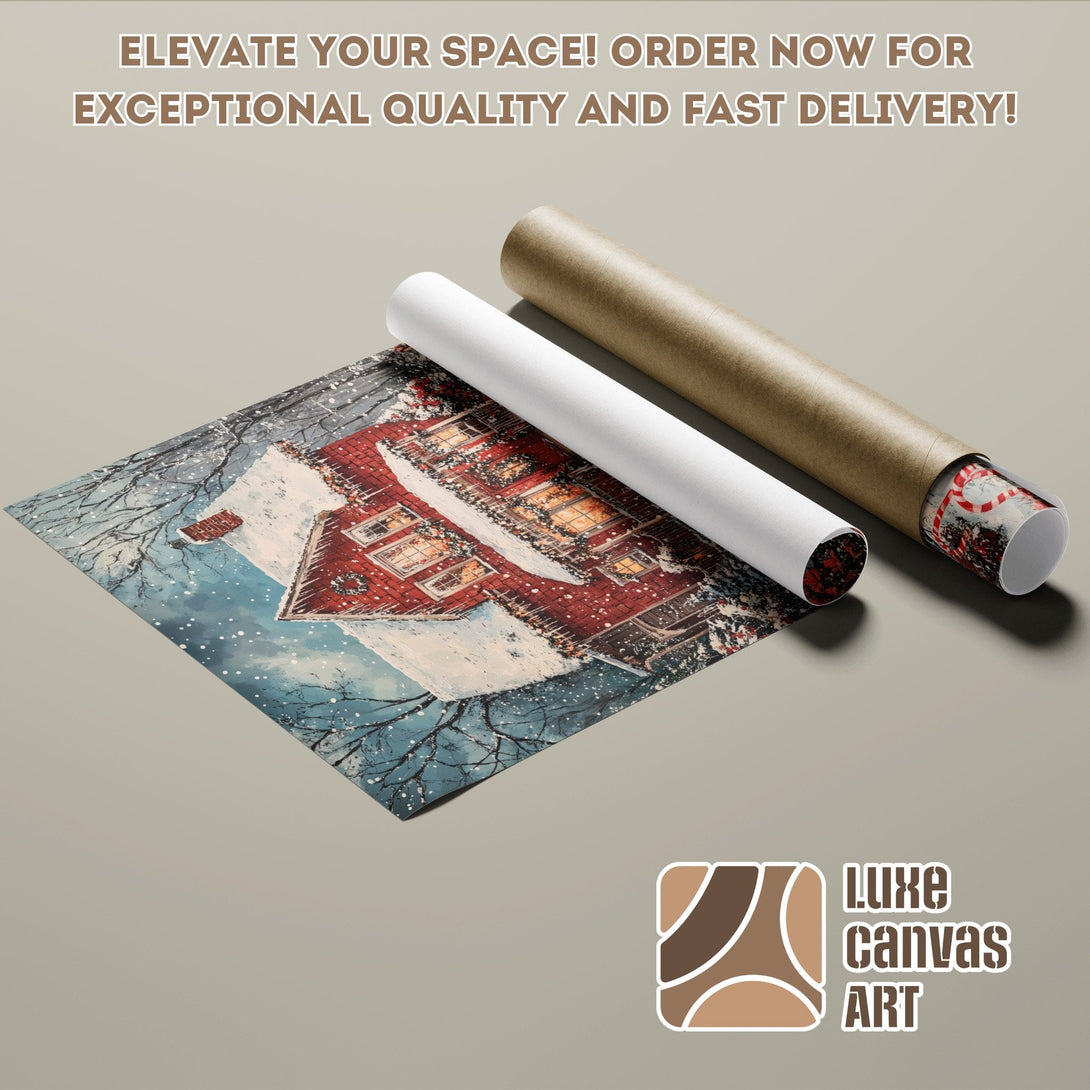 Poster Roll of a winter cabin painting, warm colors, and snowy scene. Elevate your space!