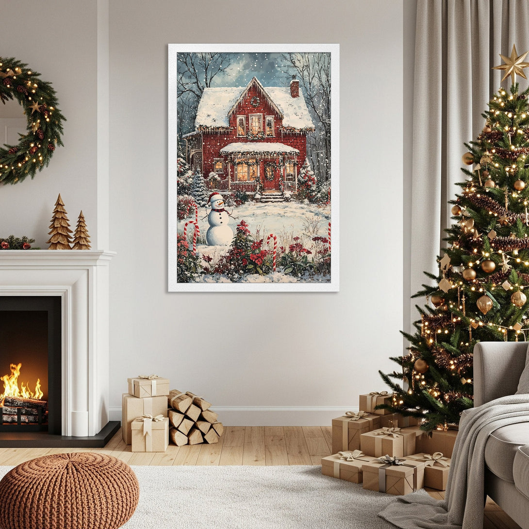 Framed Poster of a cozy winter scene with a red house, snowman & Christmas decor. Warm color palette, perfect holiday art.