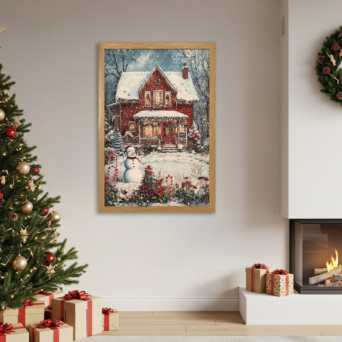 Framed Poster featuring a cozy winter Christmas scene with a red house, snowman, and snow. Warm, inviting color palette.
