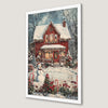 Festive Red House with Snowman Art Poster for Christmas Cheer