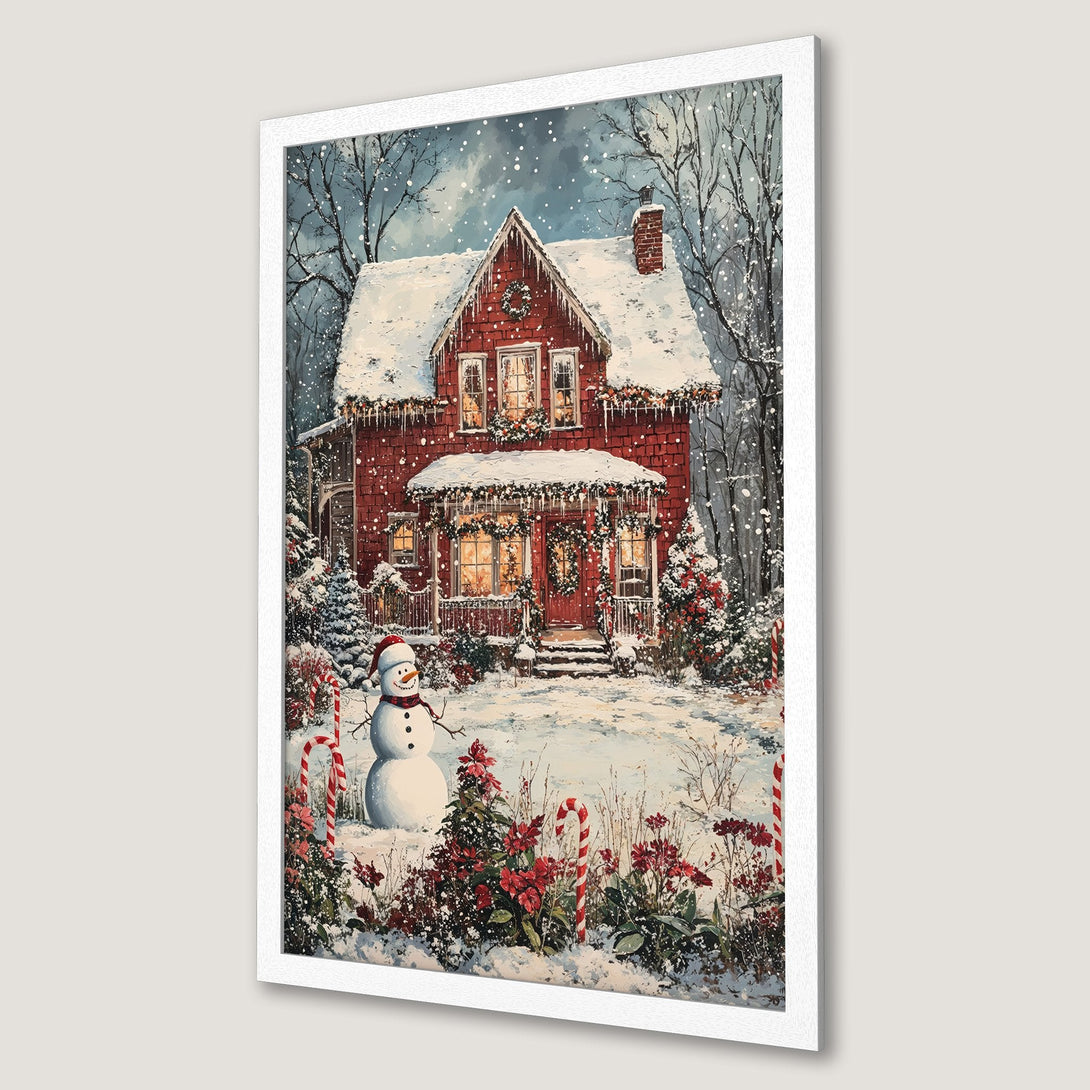 Framed Poster of a cozy Christmas scene with a red house, snowman, and snowy landscape. Warm, inviting colors perfect for holiday decor.