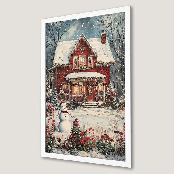 Framed Poster of a cozy Christmas scene with a red house, snowman, and snowy landscape. Warm, inviting colors perfect for holiday decor.