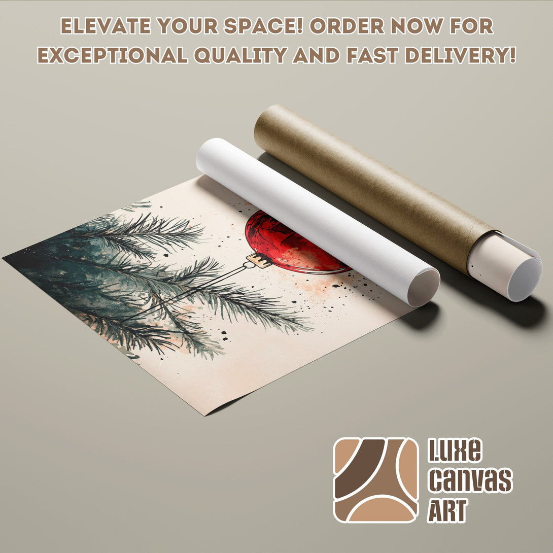 Poster Roll with watercolor Christmas art, featuring a red ornament. Earthy tones and modern style.