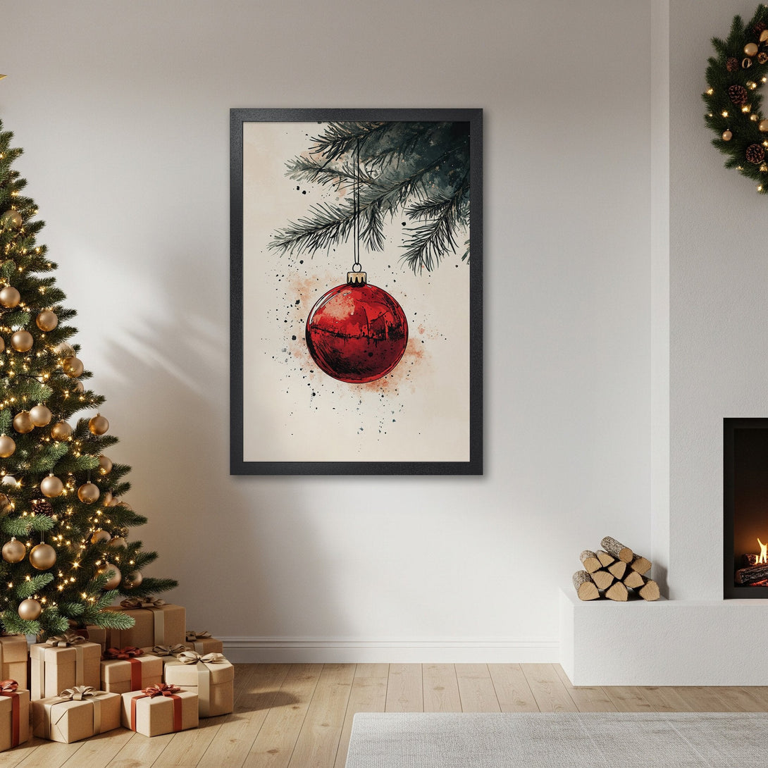 Framed Poster of a red Christmas ornament, watercolor style, warm neutral palette. Perfect holiday decor.