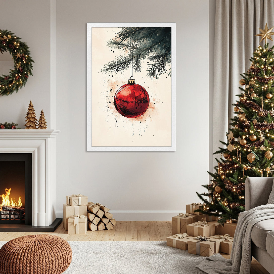 Framed Poster featuring a watercolor Christmas ornament. Warm, neutral palette with red accents. Perfect holiday decor!