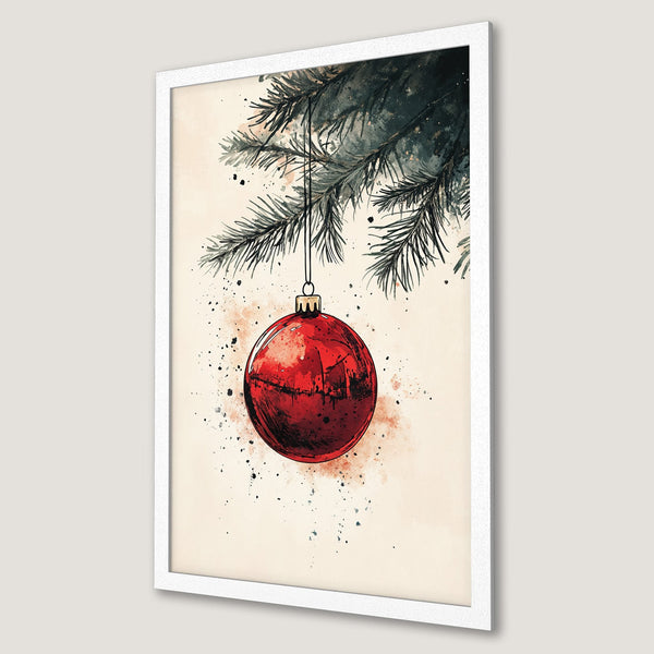 Framed Poster featuring a watercolor Christmas ornament. Festive art in red, green, and beige tones. Perfect holiday decor.