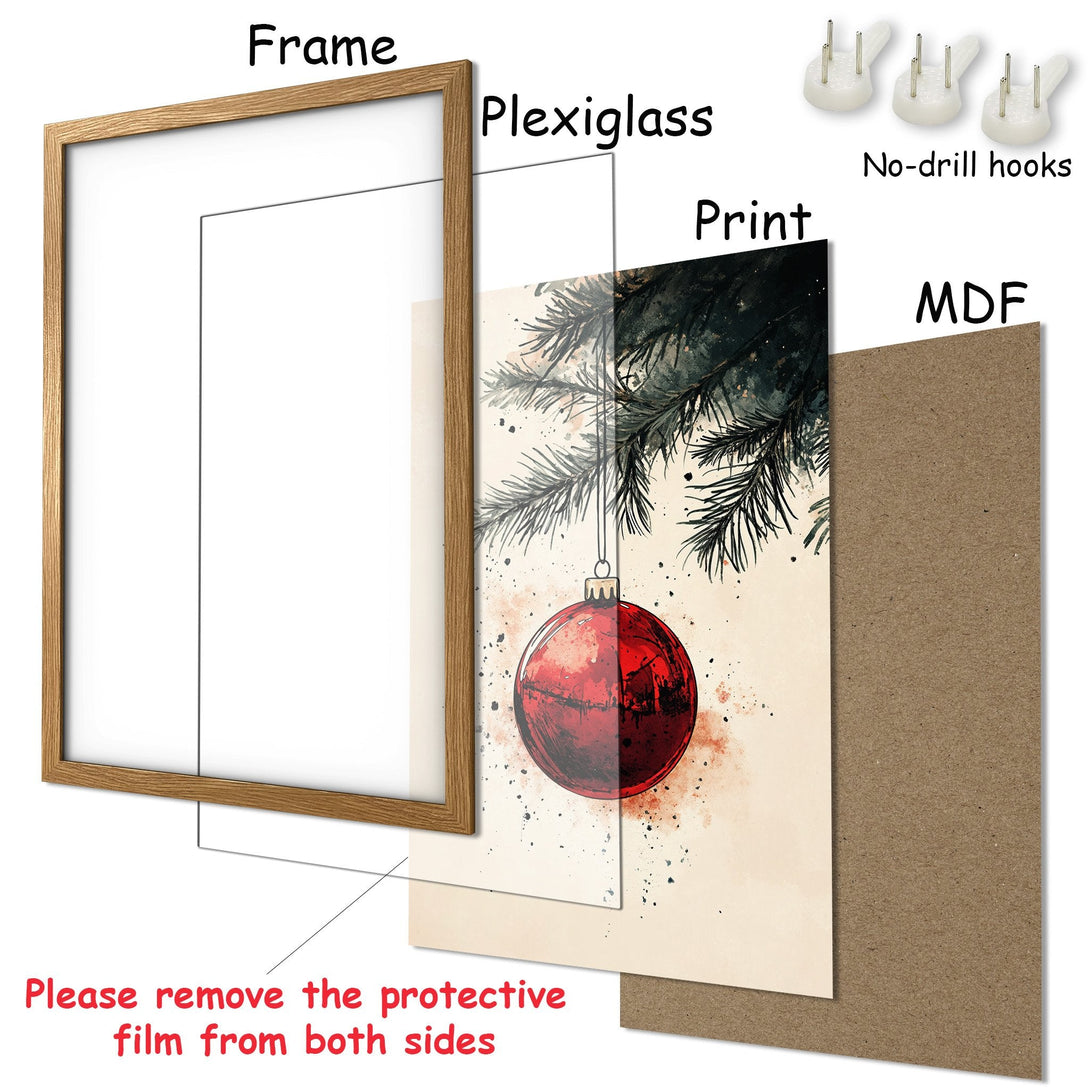 Framed Poster featuring a watercolor Christmas ornament, warm beige and red tones, perfect holiday decor.