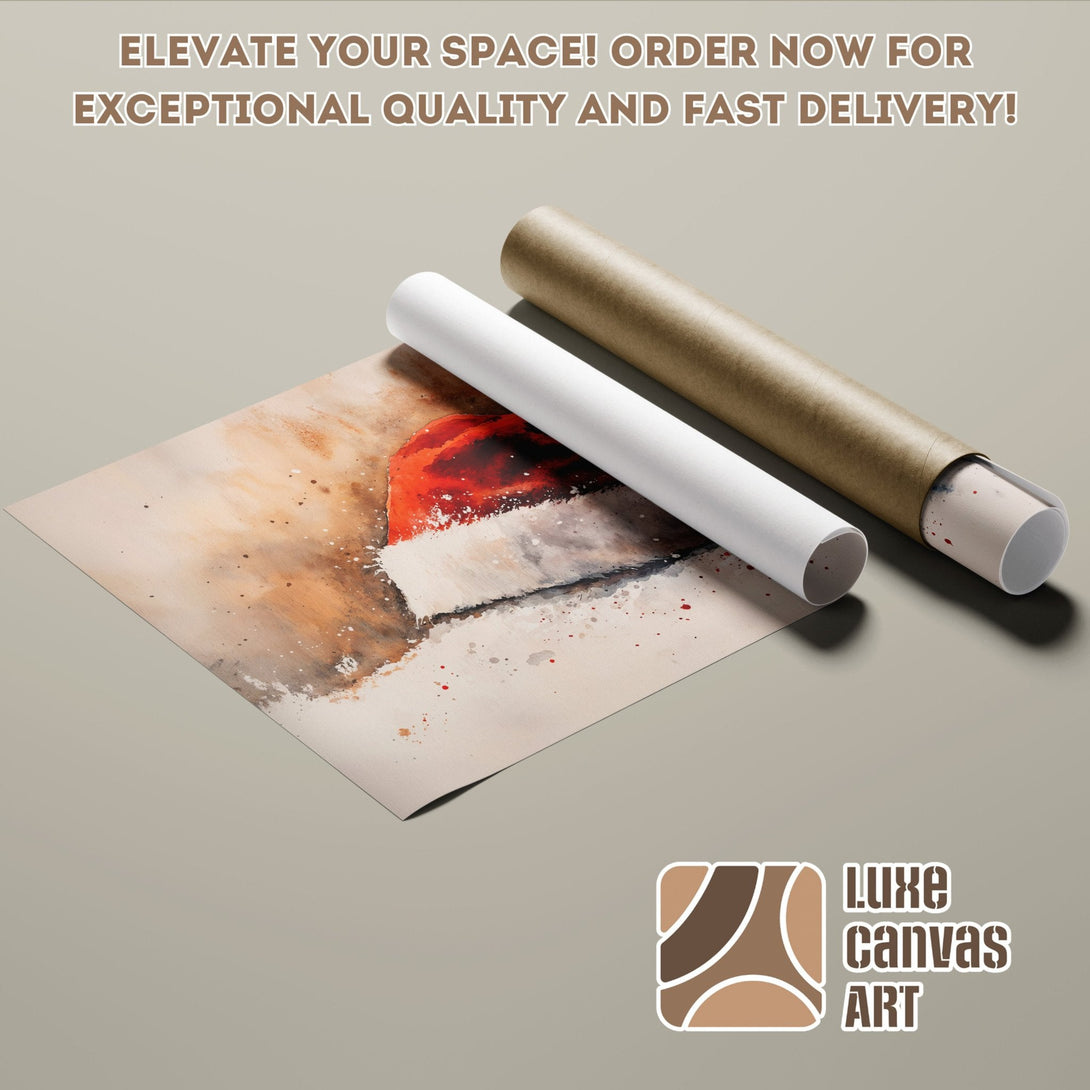 Watercolor Santa Hat Poster Roll in warm tones. Perfect for holiday decor!