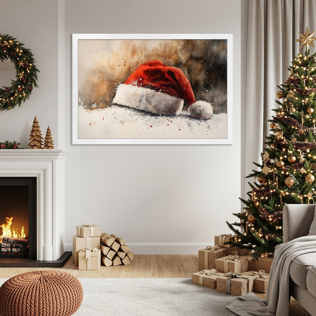 Framed Poster of Santa hat watercolor art. Festive decor in red, white, and warm neutral tones. Perfect Christmas wall art.