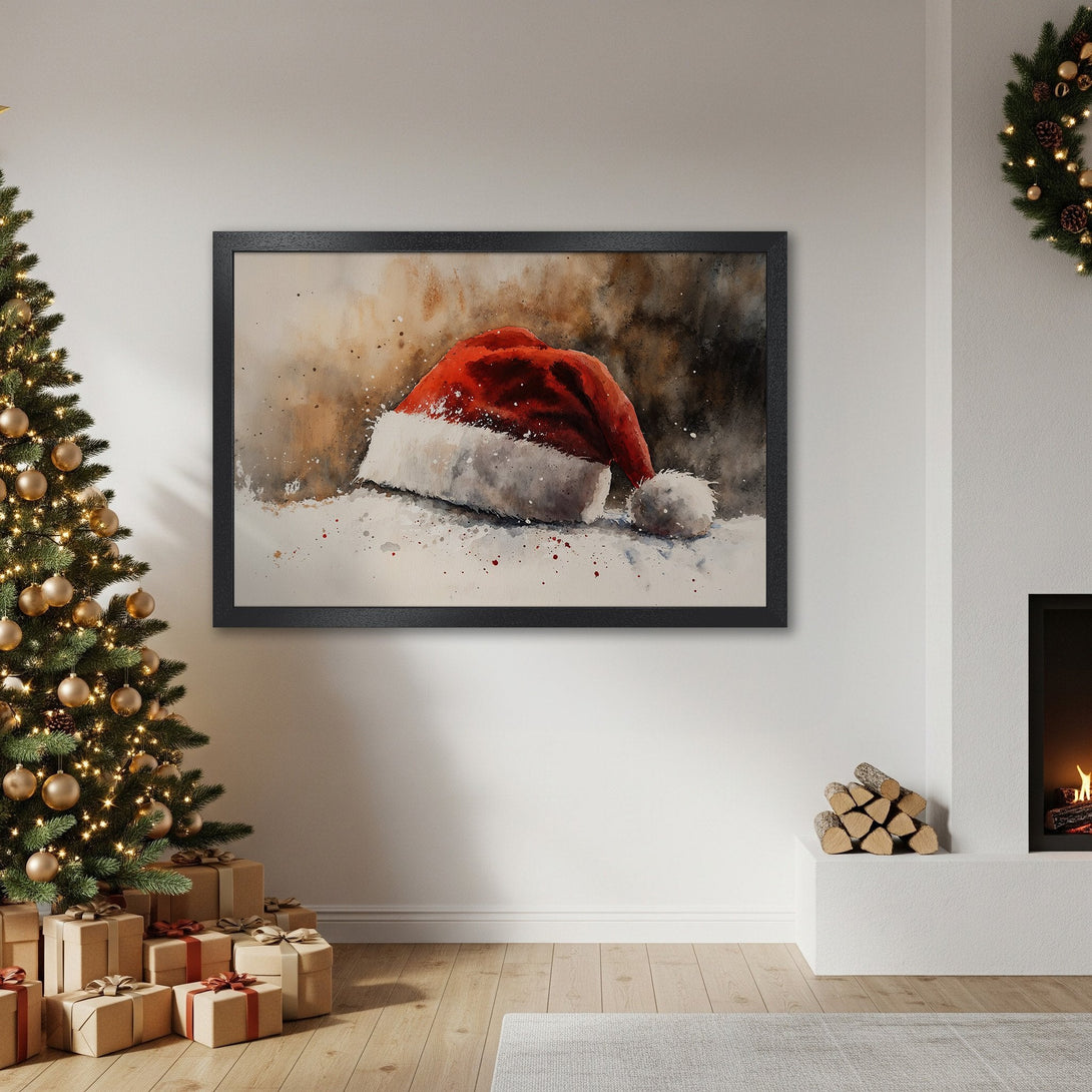 Framed Poster featuring a watercolor Santa hat in red and white, perfect Christmas decor. Neutral color palette.