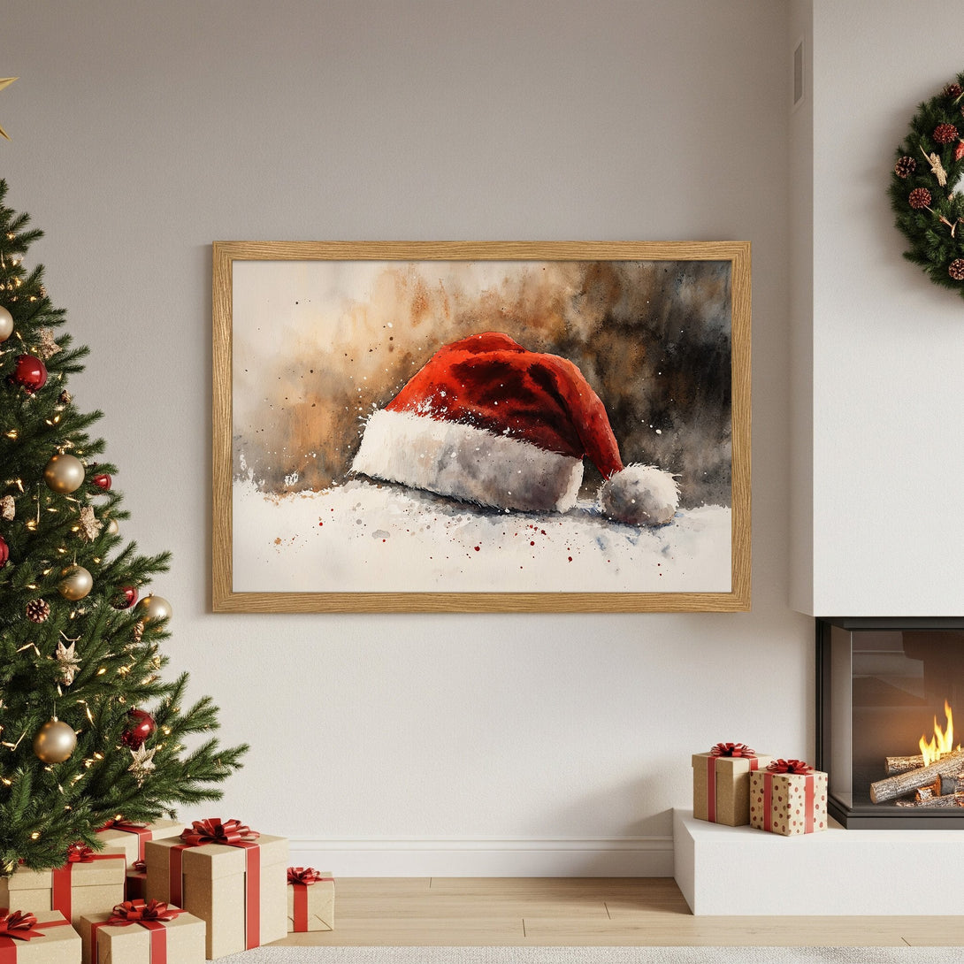 Framed Poster of Santa hat watercolor art. Festive red, white, and brown color palette. Perfect Christmas decor!