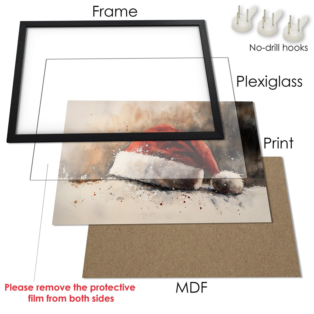 Framed Poster featuring a watercolor Santa hat art print. Warm color palette, perfect for holiday decor.