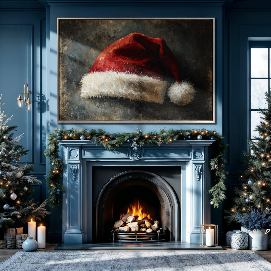 Framed Wall Art of a Santa hat in a cozy, blue-toned interior. Perfect Christmas decor! Warm, inviting color palette.