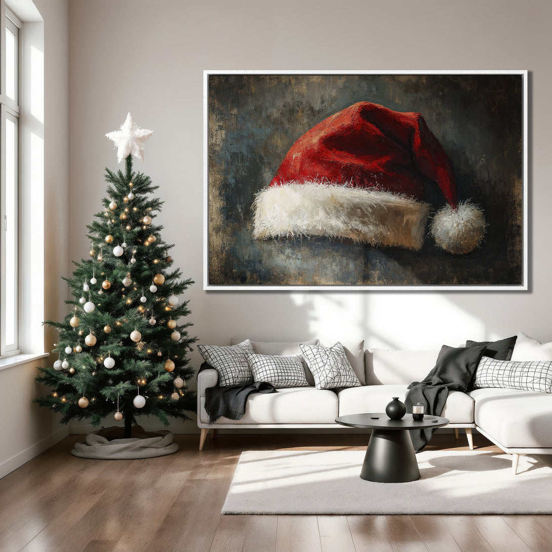 Framed Wall Art: Festive Christmas Santa hat painting in a cozy living room. Rich red, white, and muted tones create a warm holiday atmosphere. Perfect for seasonal decor!