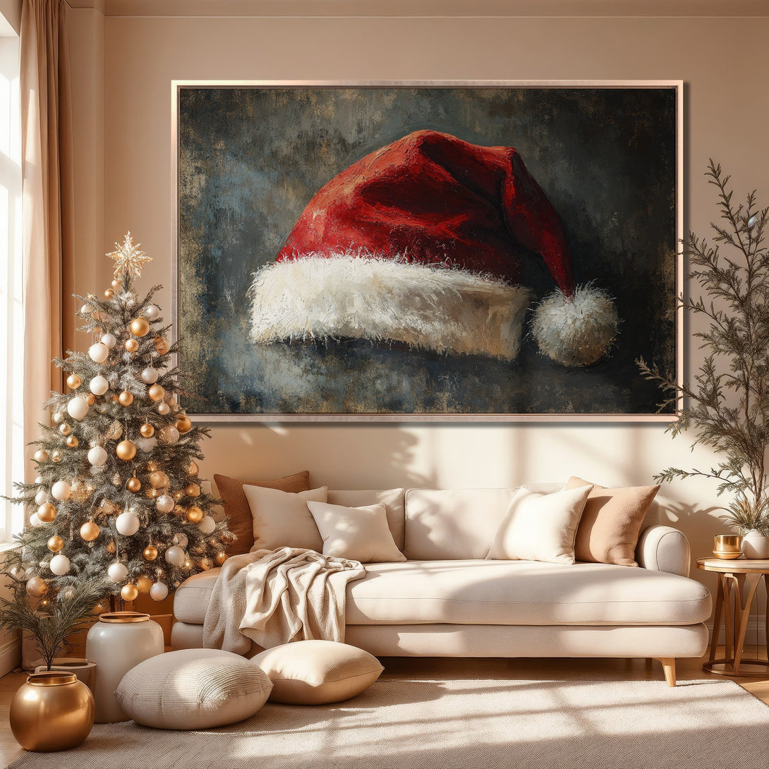 Framed Wall Art: Festive Santa hat canvas print in a cozy interior. Featuring a red and white color palette with a warm, inviting atmosphere.