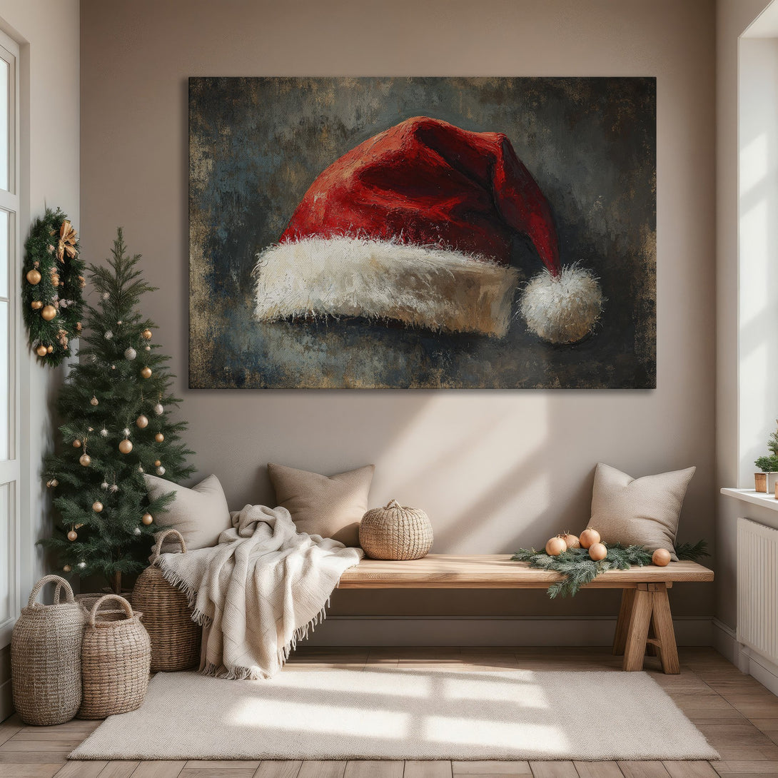 Framed Wall Art: Festive Santa hat painting in a cozy living room. Rich red, white, and dark blue color palette. Perfect Christmas decor!