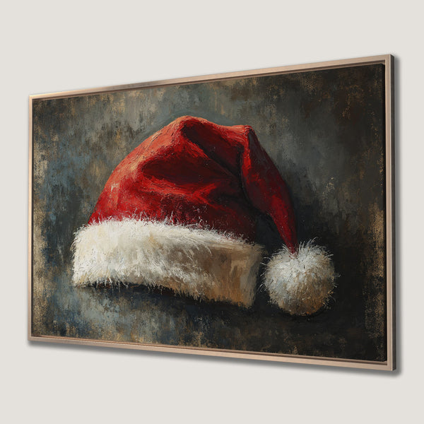 Framed Wall Art of a Santa hat in a textured, painterly style. Rich red, white, and dark tones create a festive, cozy holiday vibe.
