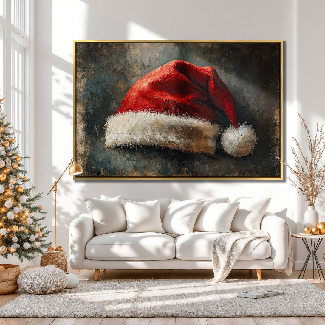Canvas Print of a Santa hat in a cozy interior. Rustic style with red, white, and neutral tones. Perfect Christmas wall art!