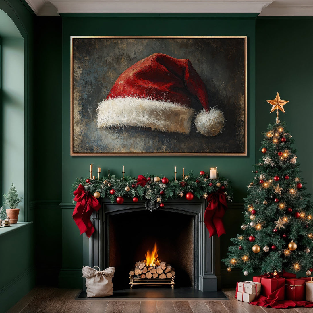 Framed Wall Art: Festive Santa hat painting in a cozy Christmas interior with a green and red color palette. Perfect holiday decor!