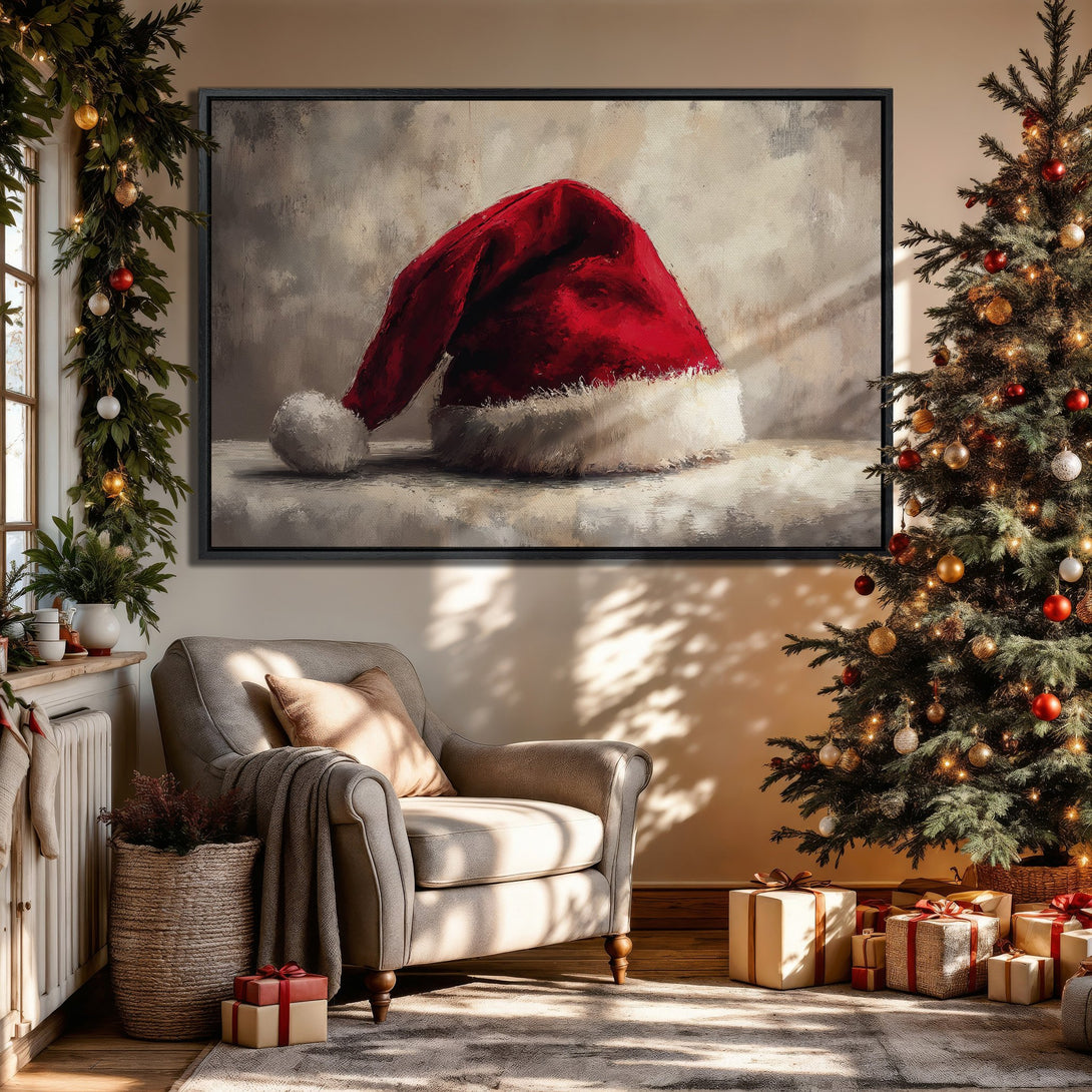 Framed Wall Art: Santa hat canvas print in warm, cozy interior. Featuring a red and white color palette, perfect for holiday decor.