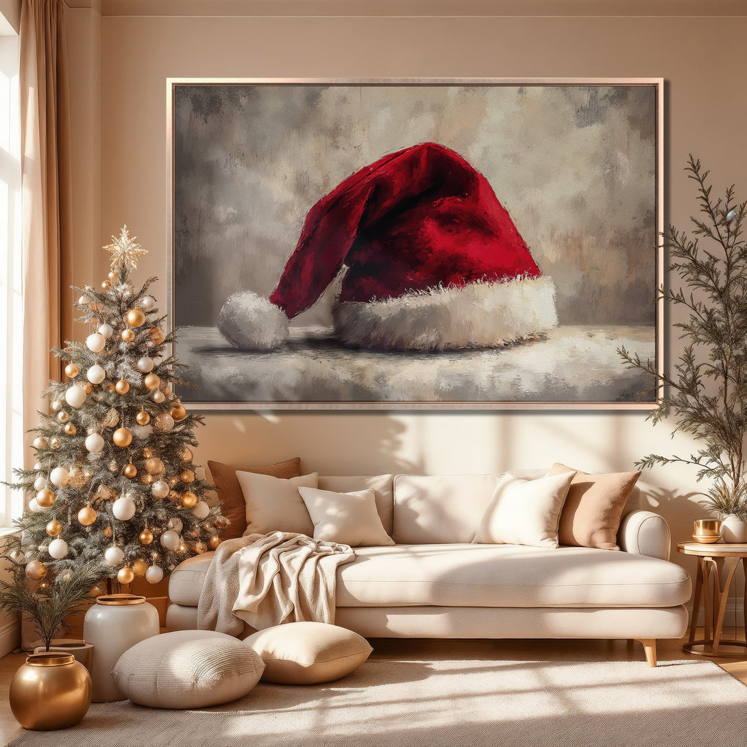 Framed Wall Art: Festive Christmas Santa hat painting in warm, neutral tones. Perfect holiday decor, adding cozy style to any living room.