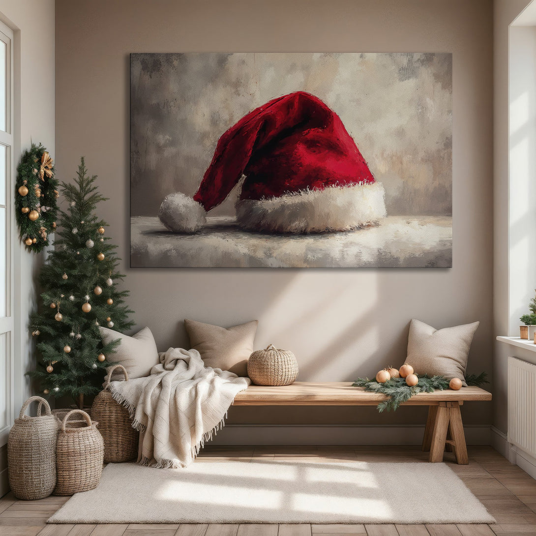Framed Wall Art: Festive Santa hat canvas print in a warm, neutral interior. Red, white, and gold color palette. Perfect Christmas decor!
