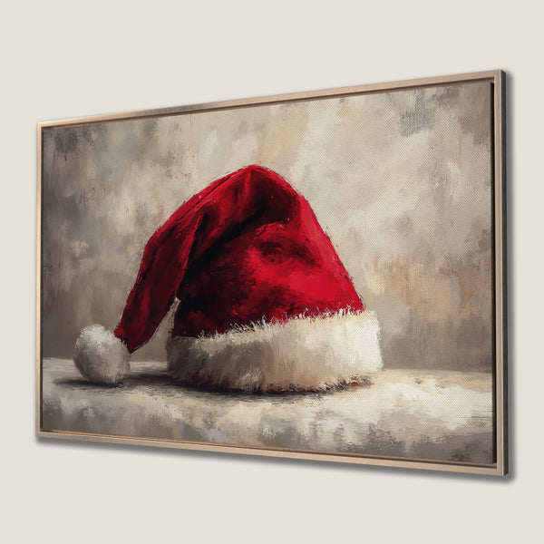 Framed Wall Art: Festive Santa hat oil painting in red and white, neutral background. Perfect holiday decor.