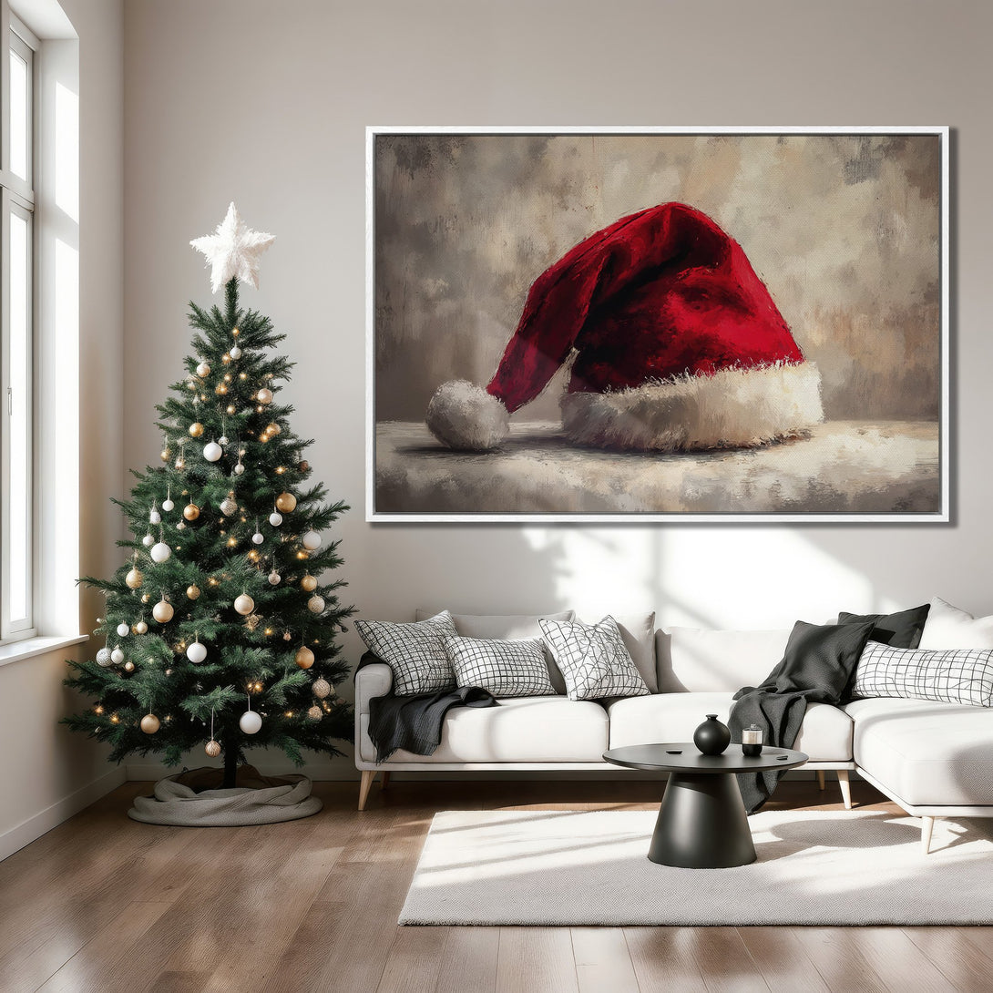 Framed Wall Art: Festive Santa hat painting in a cozy interior. Rich red and neutral tones create a warm, inviting holiday atmosphere. Perfect Christmas decor!