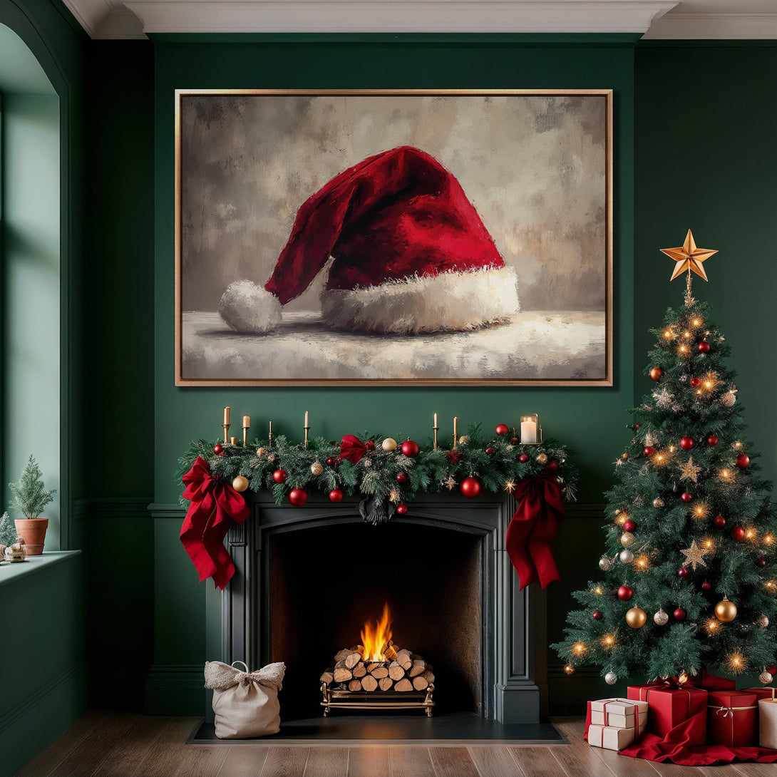 Framed Wall Art: Festive Santa hat canvas print in a cozy Christmas interior. Rich red & green color palette, classic style. Perfect holiday decor!