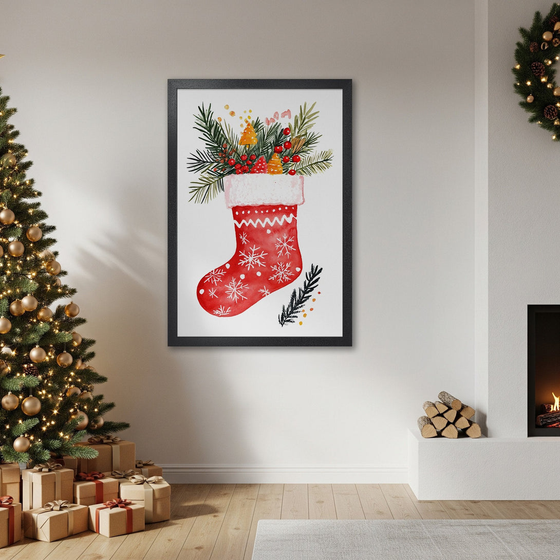 Framed Poster featuring a watercolor Christmas stocking with a festive red, green, and white color palette. Perfect holiday decor!