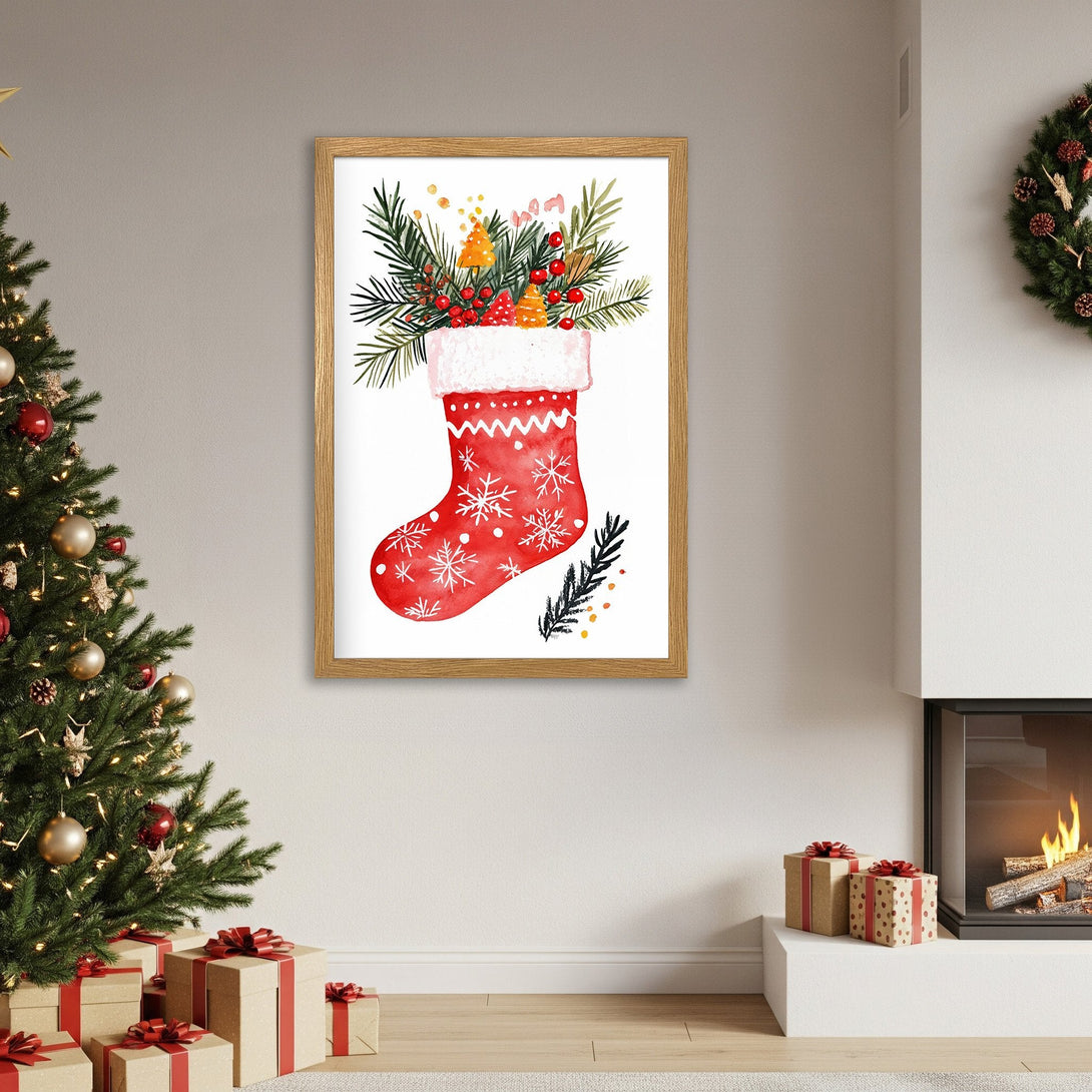 Framed Poster featuring a watercolor Christmas stocking with a festive red and green color palette, perfect holiday decor.