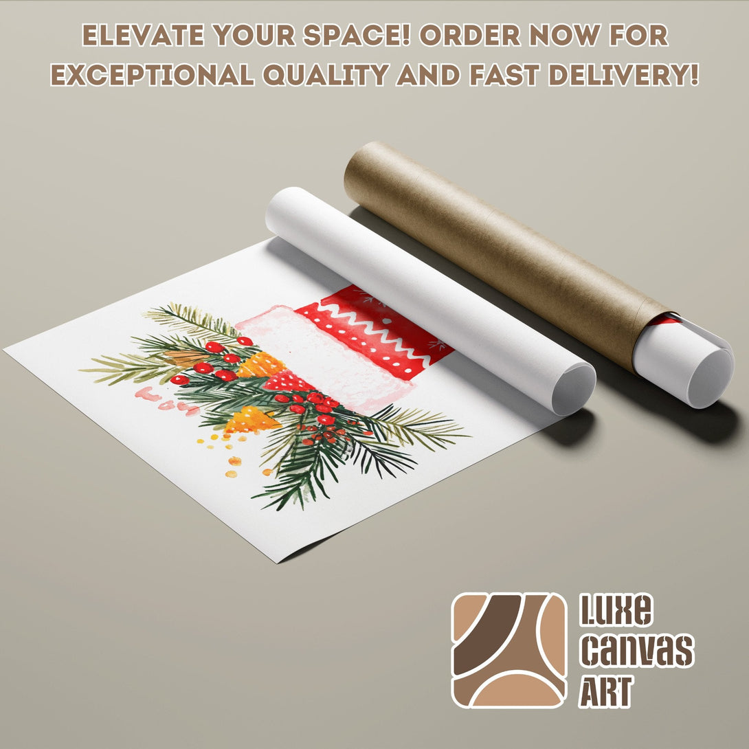 Watercolor Poster Roll with Christmas theme in red, green, and orange tones. Elevate your space!