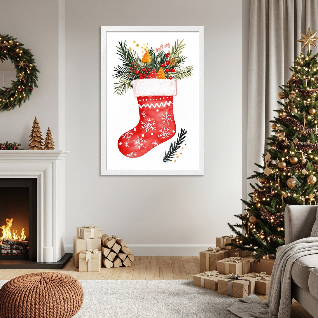 Framed Poster featuring a watercolor Christmas stocking art print. Festive red, green, and white color palette, perfect holiday decor.