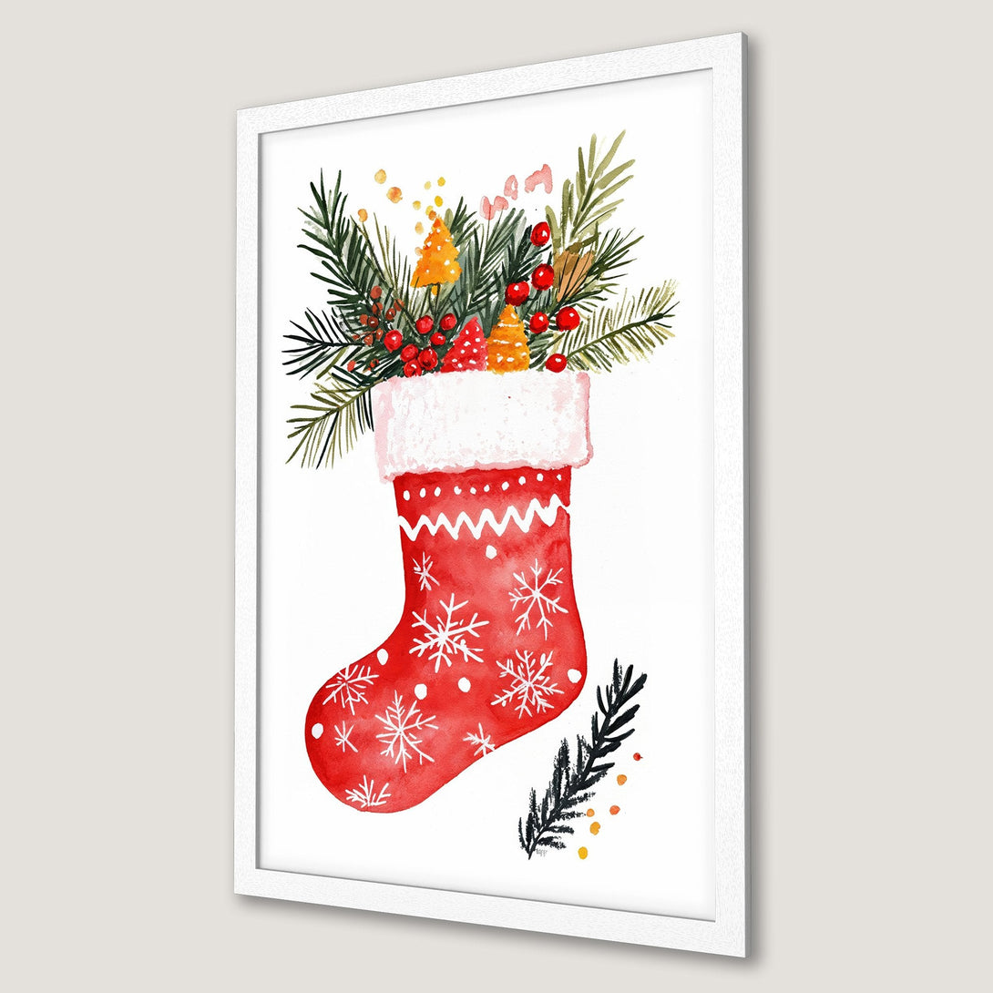 Framed Poster featuring a watercolor Christmas stocking with festive greenery, red berries, and a white frame. Classic holiday art.