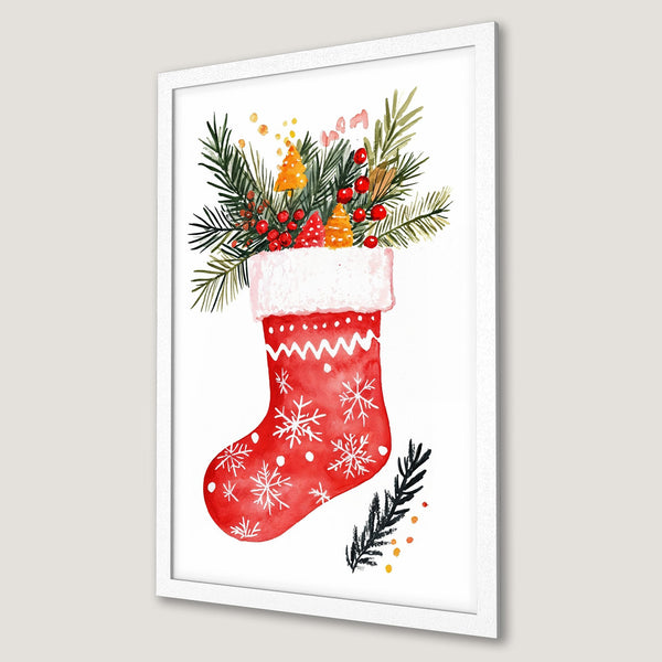 Framed Poster featuring a watercolor Christmas stocking with festive greenery, red berries, and a white frame. Classic holiday art.