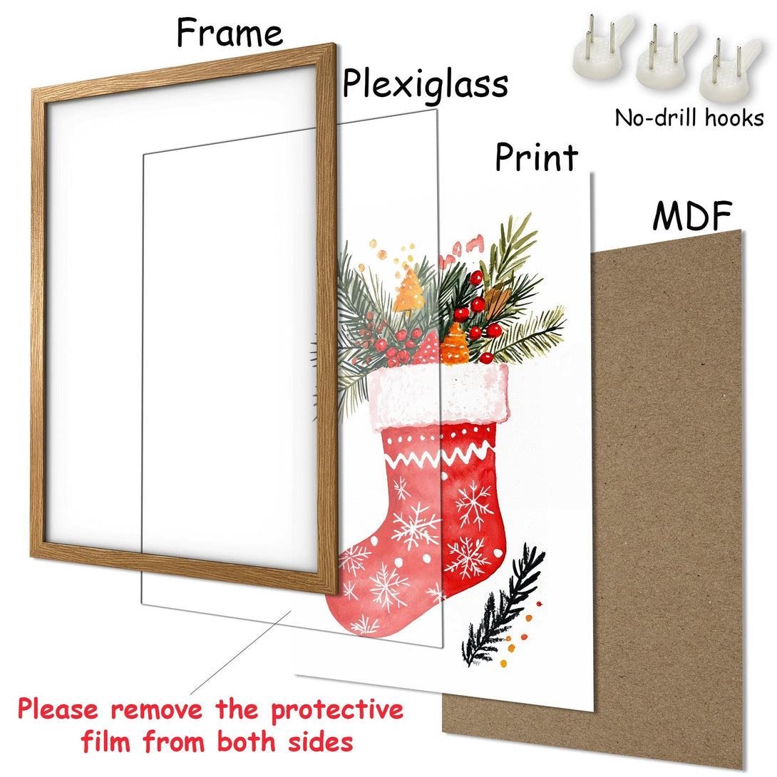 Framed Poster of a festive Christmas stocking watercolor art print. Features red, green, and white color palette. Perfect holiday wall decor!