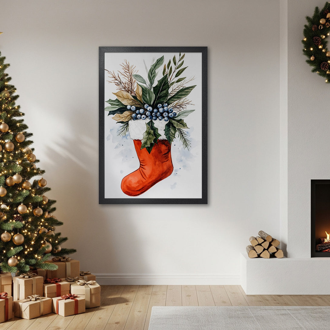 Framed Poster featuring a watercolor Christmas stocking with a festive botanical arrangement. Warm red, green, and neutral color palette. Perfect holiday decor!