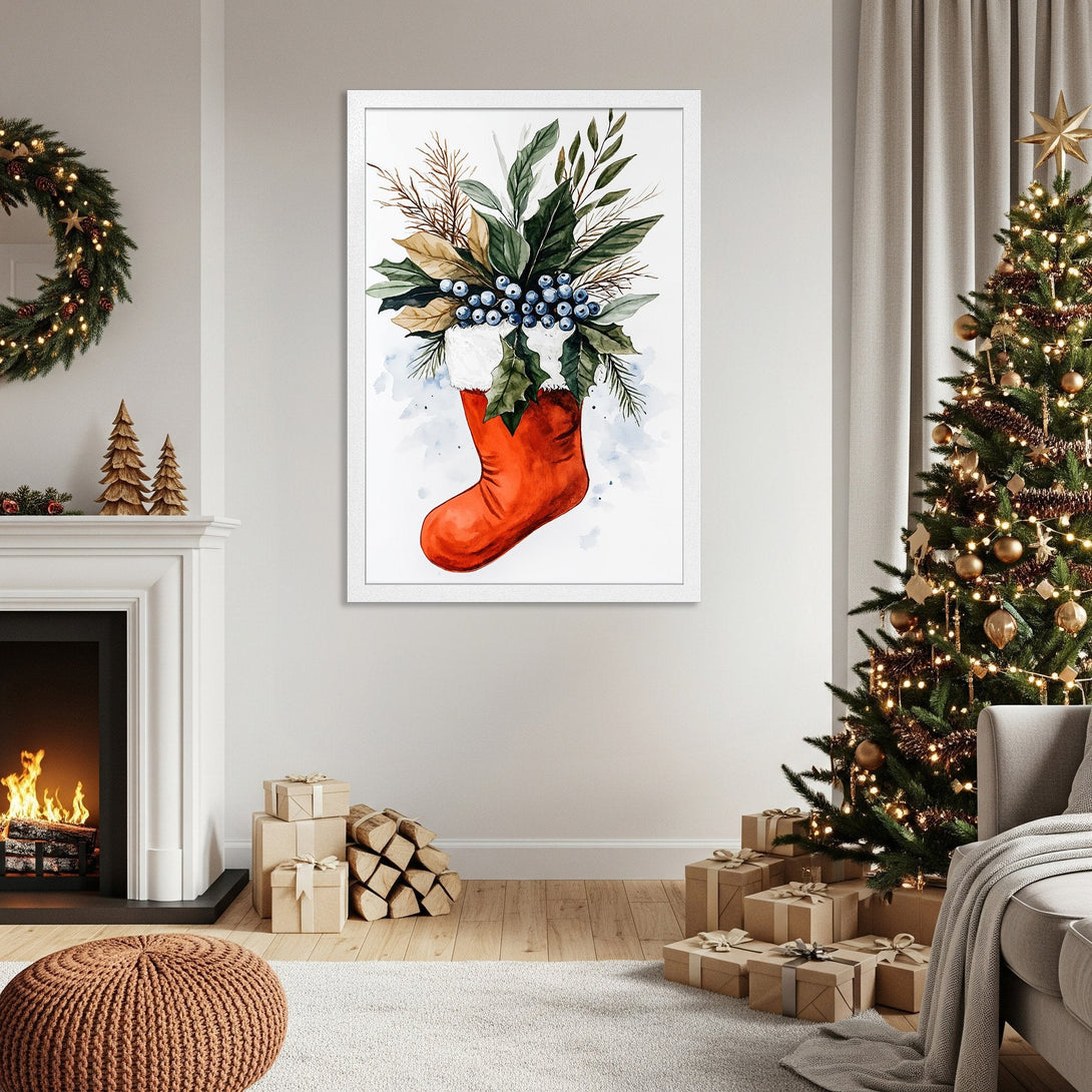 Framed Poster featuring a watercolor Christmas stocking with a festive green, red, and blue color palette. Perfect holiday decor!