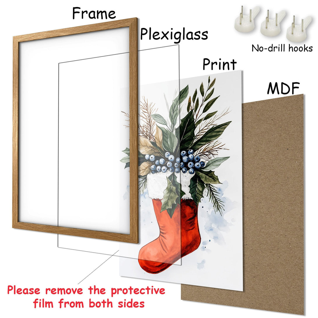 Framed Poster featuring a watercolor Christmas stocking with a red, green, and blue color palette. Perfect holiday decor!