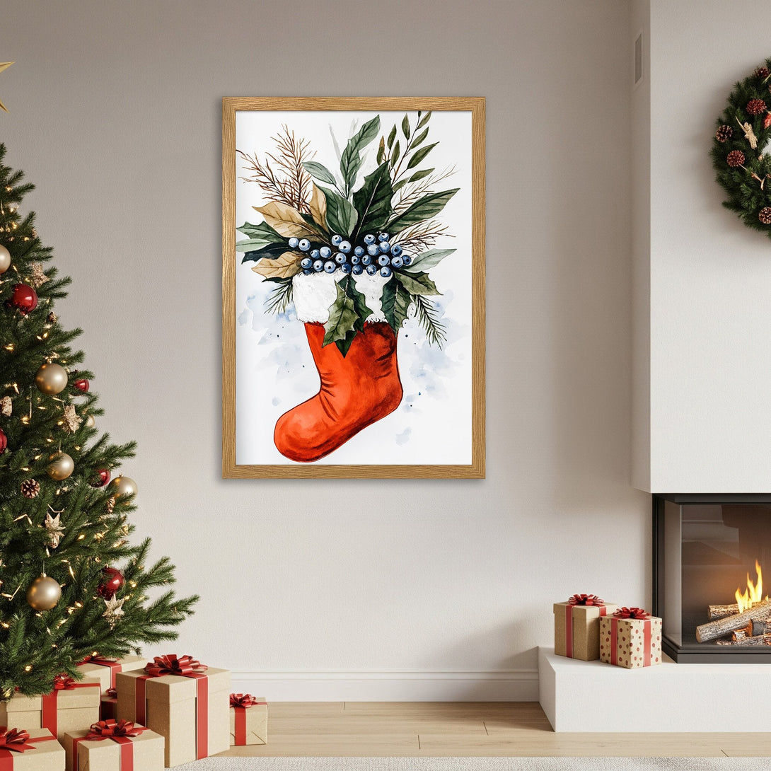 Framed Poster featuring a watercolor Christmas stocking with greenery and berries. Festive decor in red, green, and blue hues.